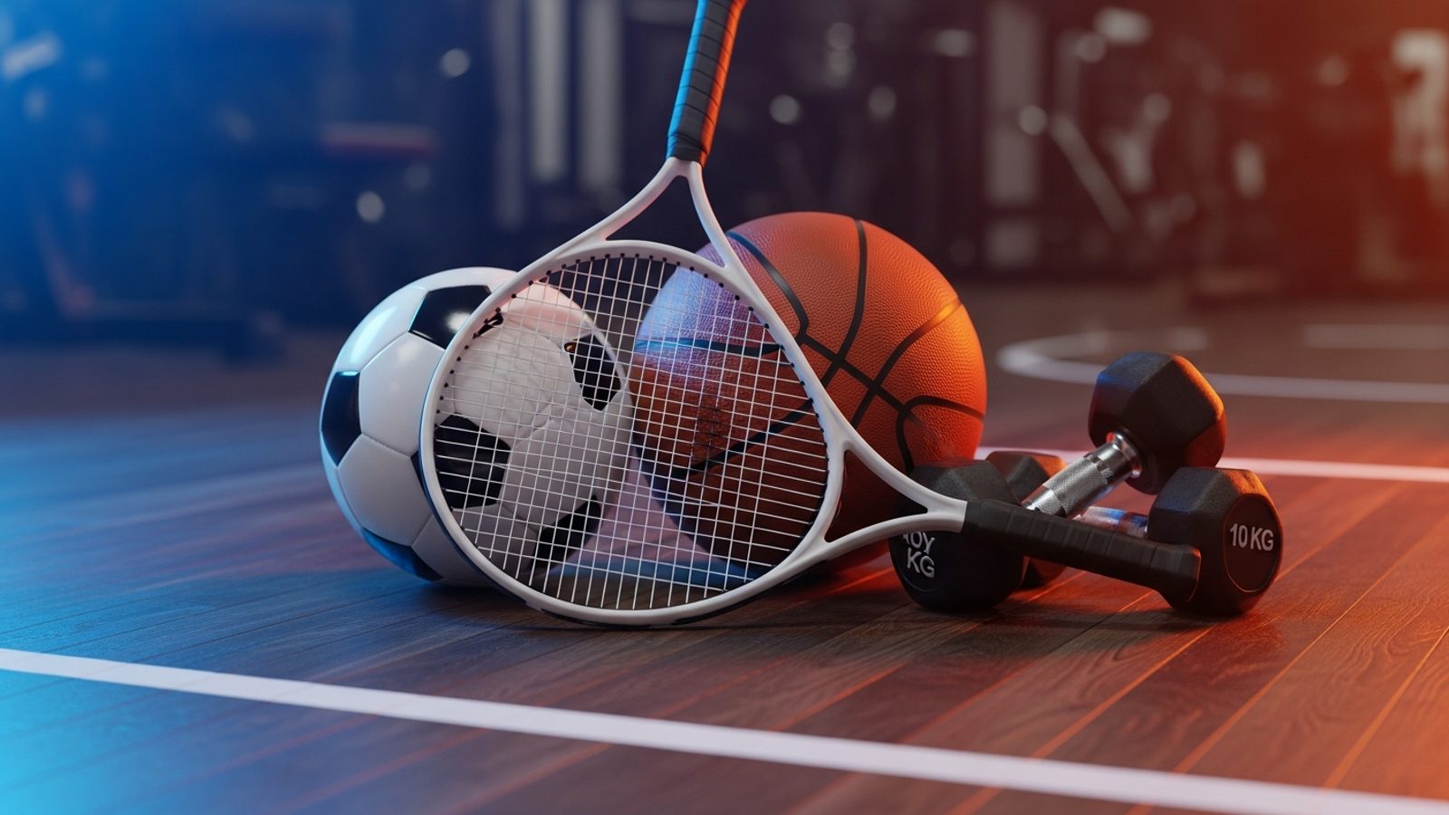 Balones, raqueta y pesas sobre el piso de un gimnasio
