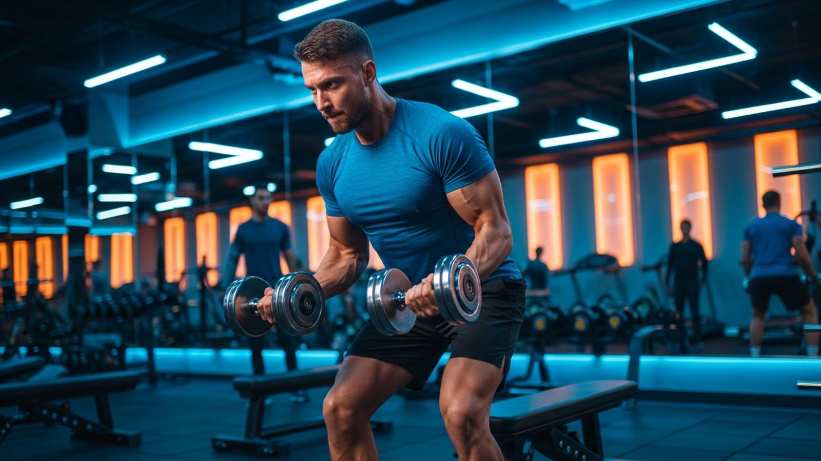 Atleta entrenando con mancuernas en un gimnasio moderno