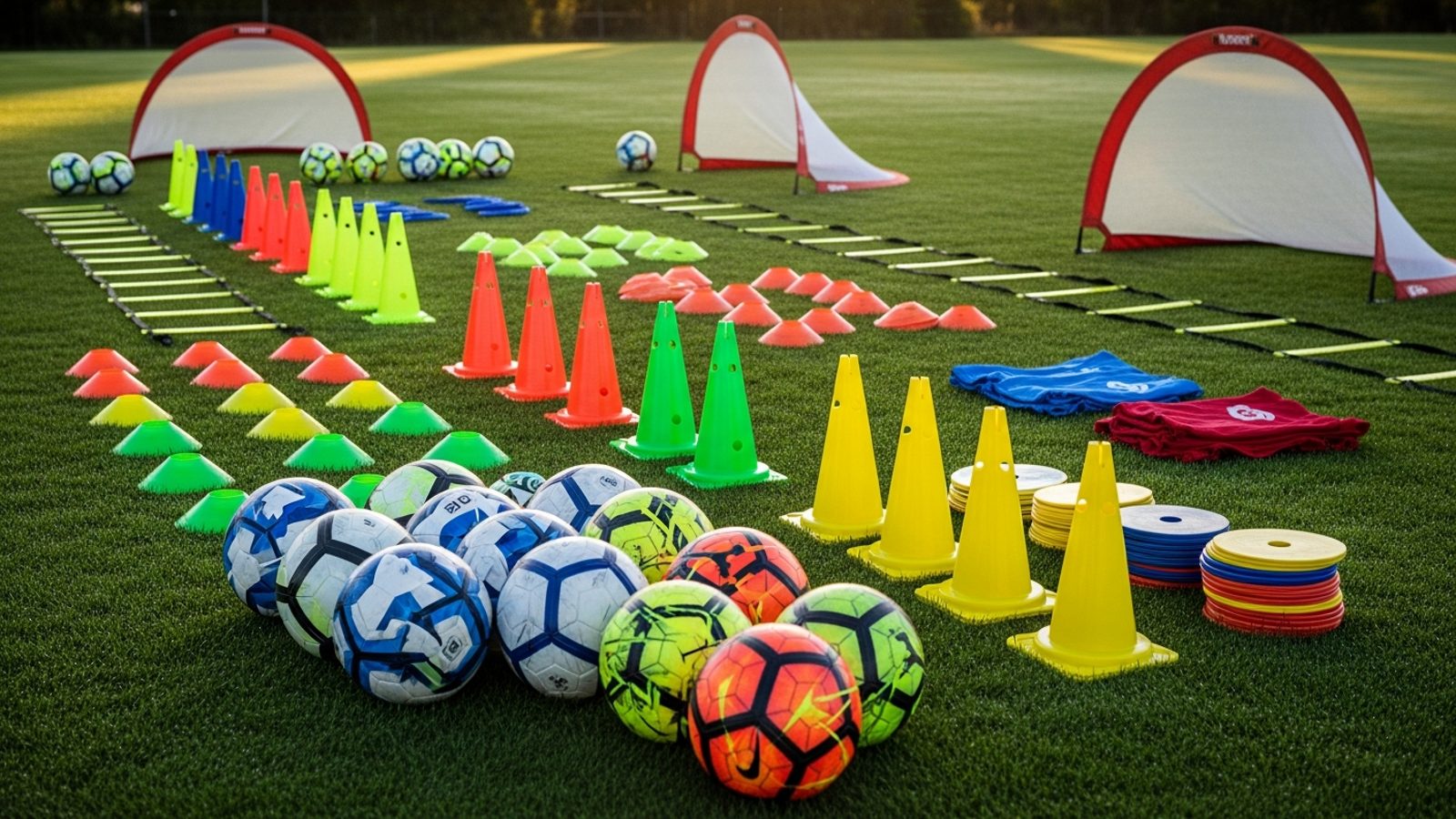 Balones de fútbol, conos y equipo de entrenamiento en la cancha