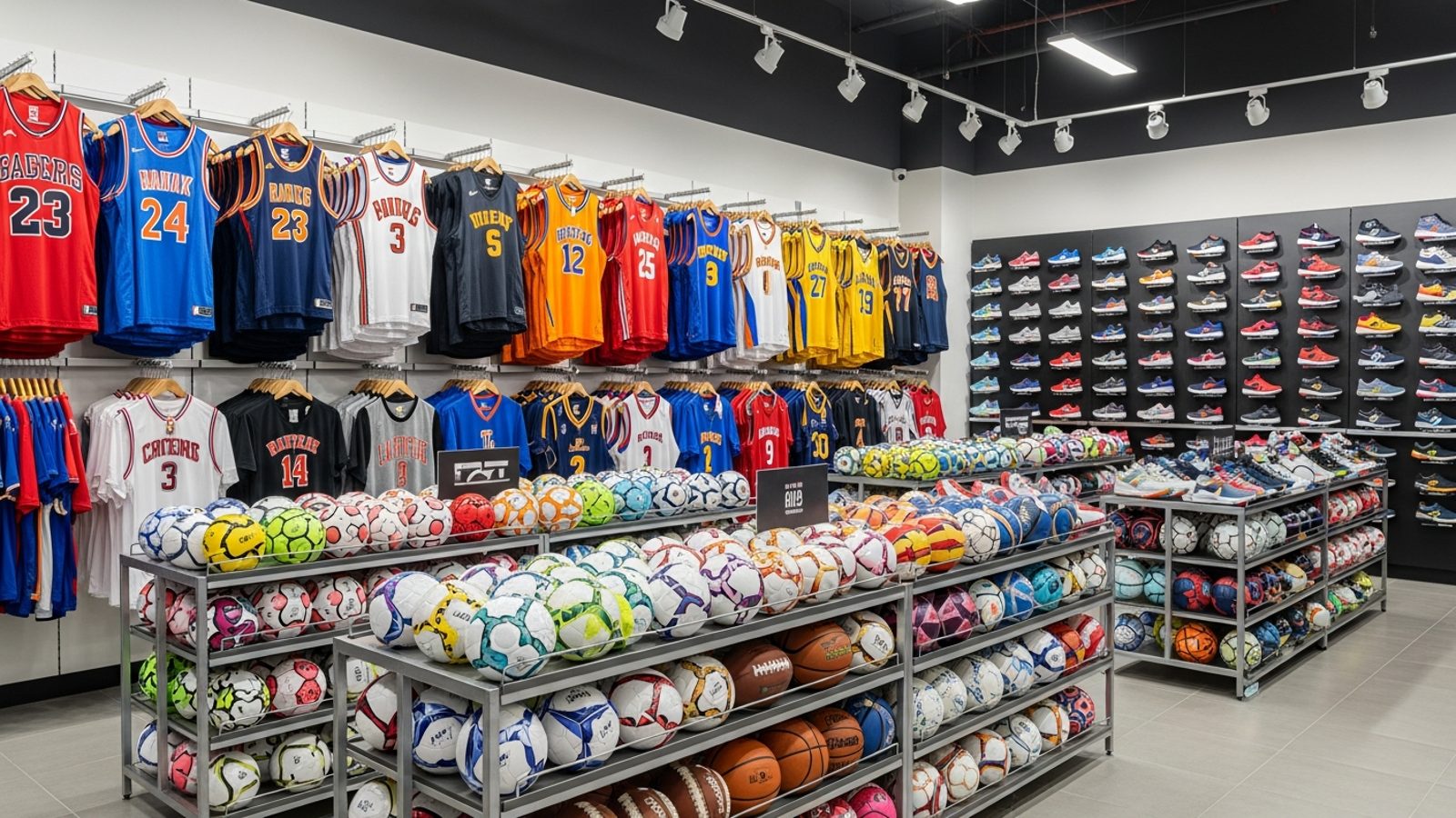 Tienda deportiva con jerseys, balones y tenis en exhibición